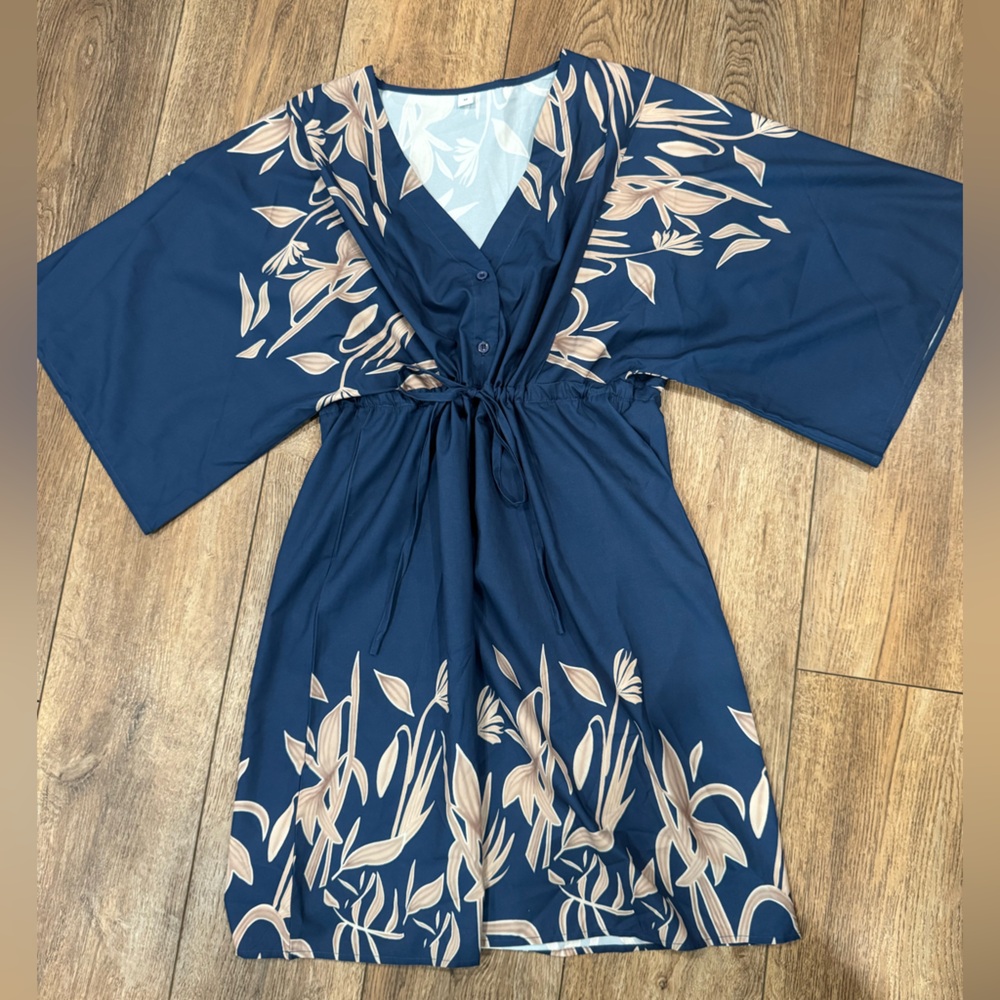 Navy and Beige Floral Kimono Dress